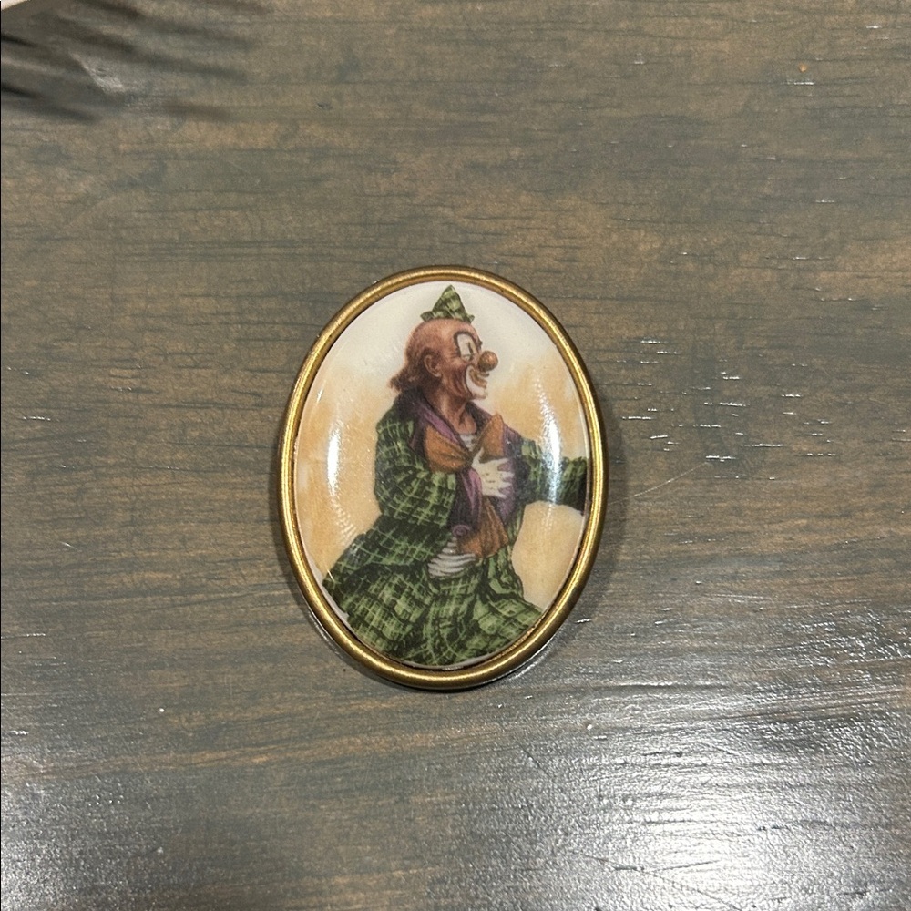 Vintage Clown Brooch with Gold Trim